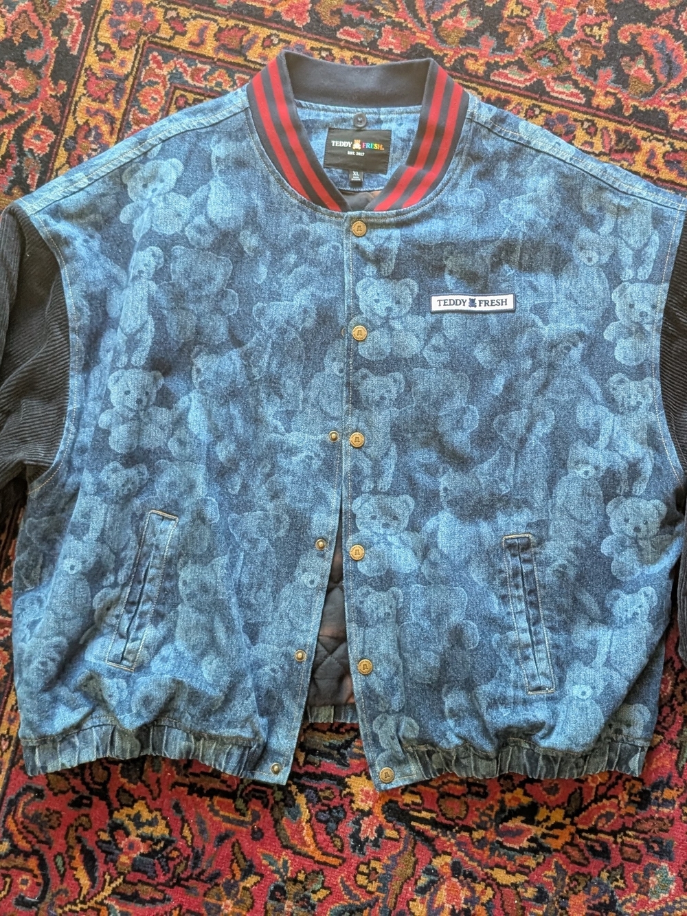 Teddy Fresh Blue Denim Teddy Bear Print Bomber Jacket with Red-Trim Collar